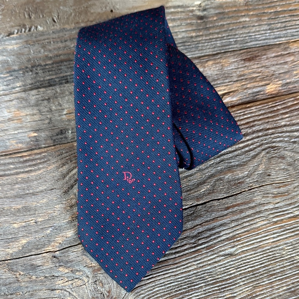 Vintage Dior‎ necktie navy blue w/red dots wool